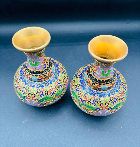 Chinese Gold, Pink, Blue Enamel Floral Cloisonné Vases — Pair