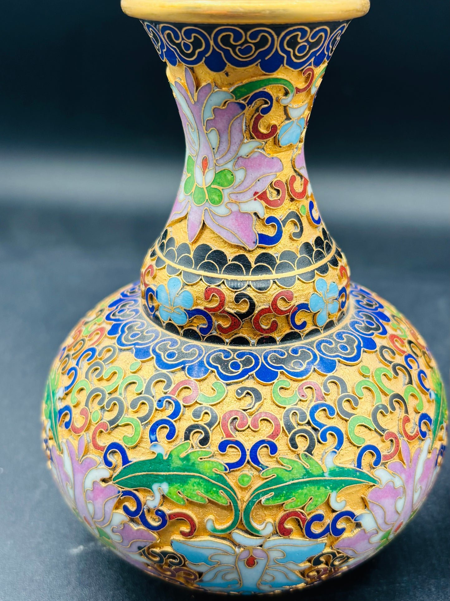 Chinese Gold, Pink, Blue Enamel Floral Cloisonné Vases — Pair
