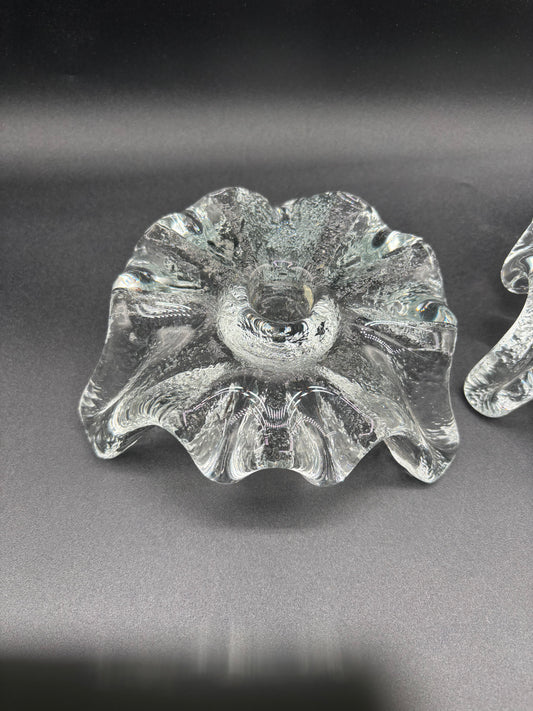 Pair of Mid Century Blenko Icy Tripod Glass Candlesticks