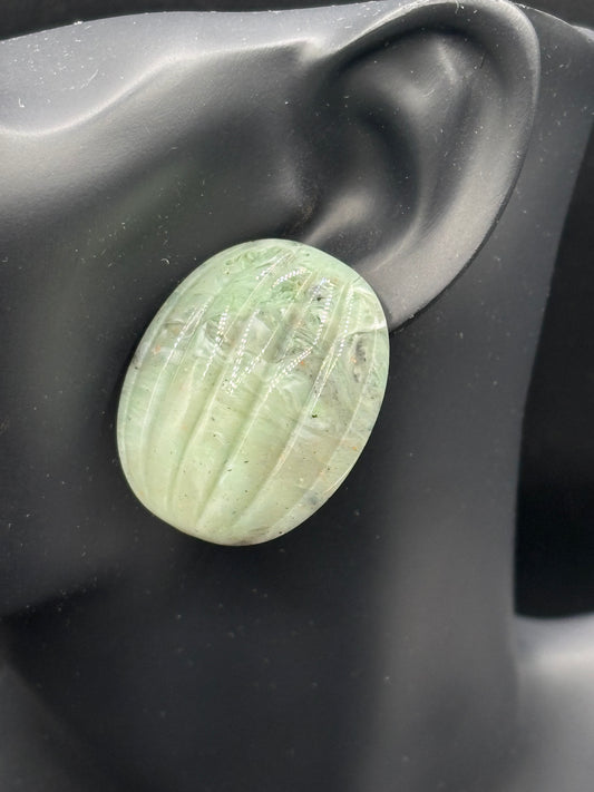 Vintage Molded Plastic Resin Green Melon Jade-Like Bead Earrings