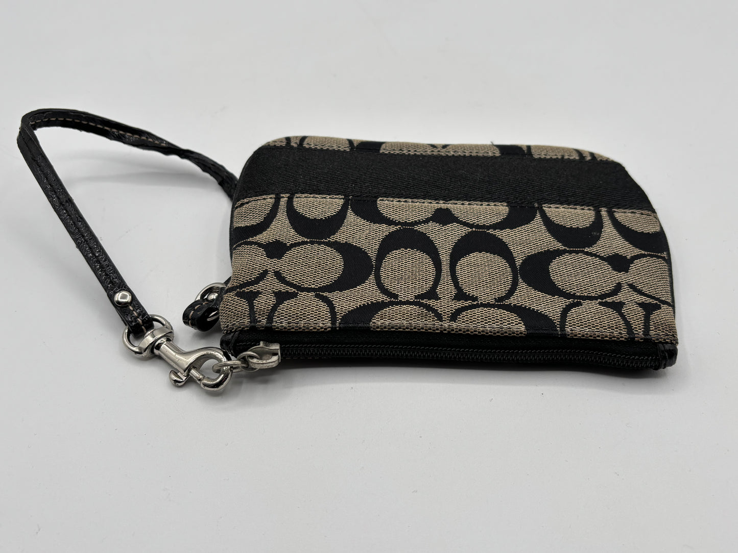 Coach 47790 Signature Stripe Black Jacquard & Leather Trim Wristlet Wallet