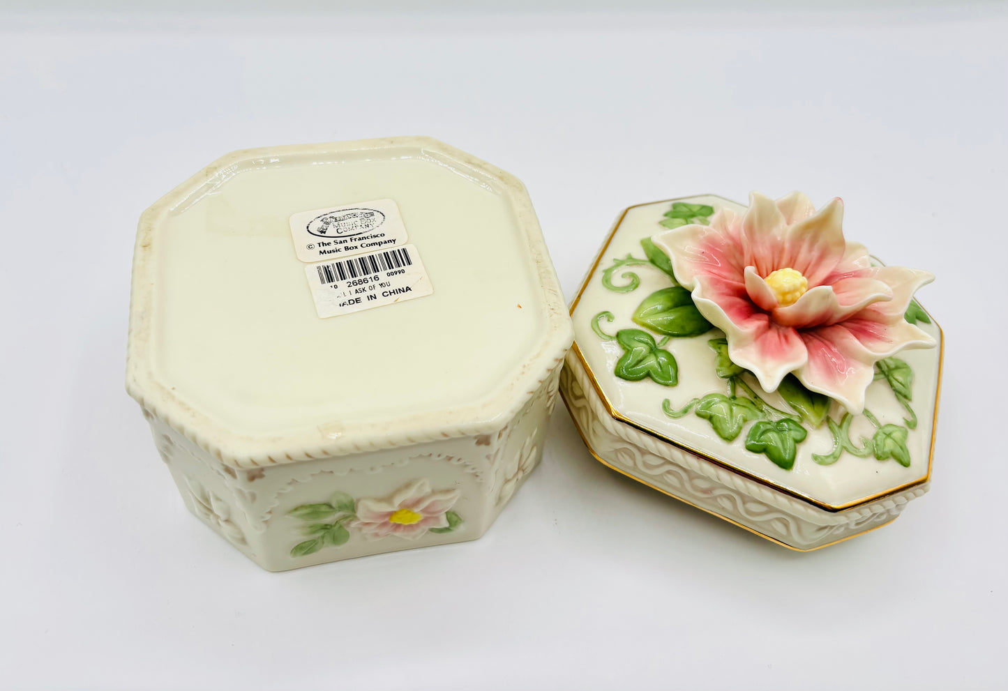 Vintage Porcelain 3D Floral Musical Jewelry Box by San Francisco Music Box Company
