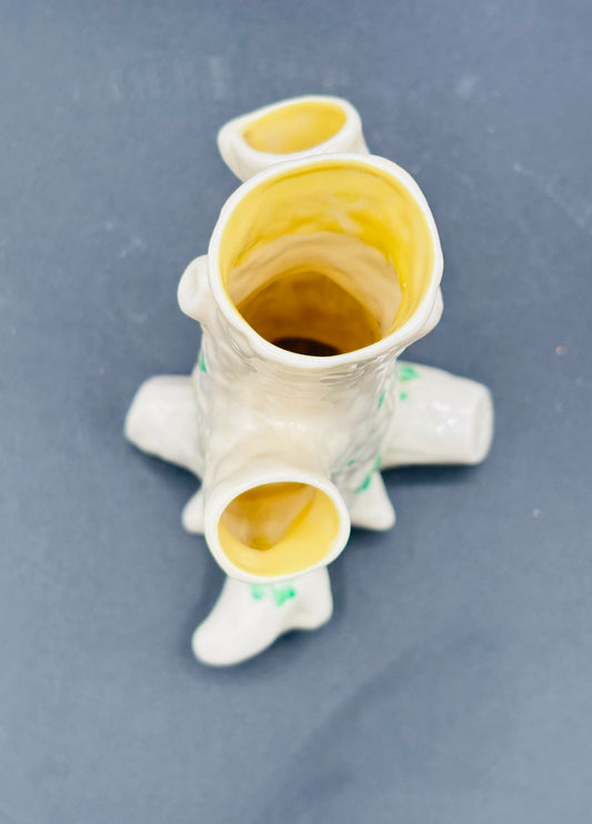 Vintage Belleek Irish Pottery Shamrock Tree Trunk Vase