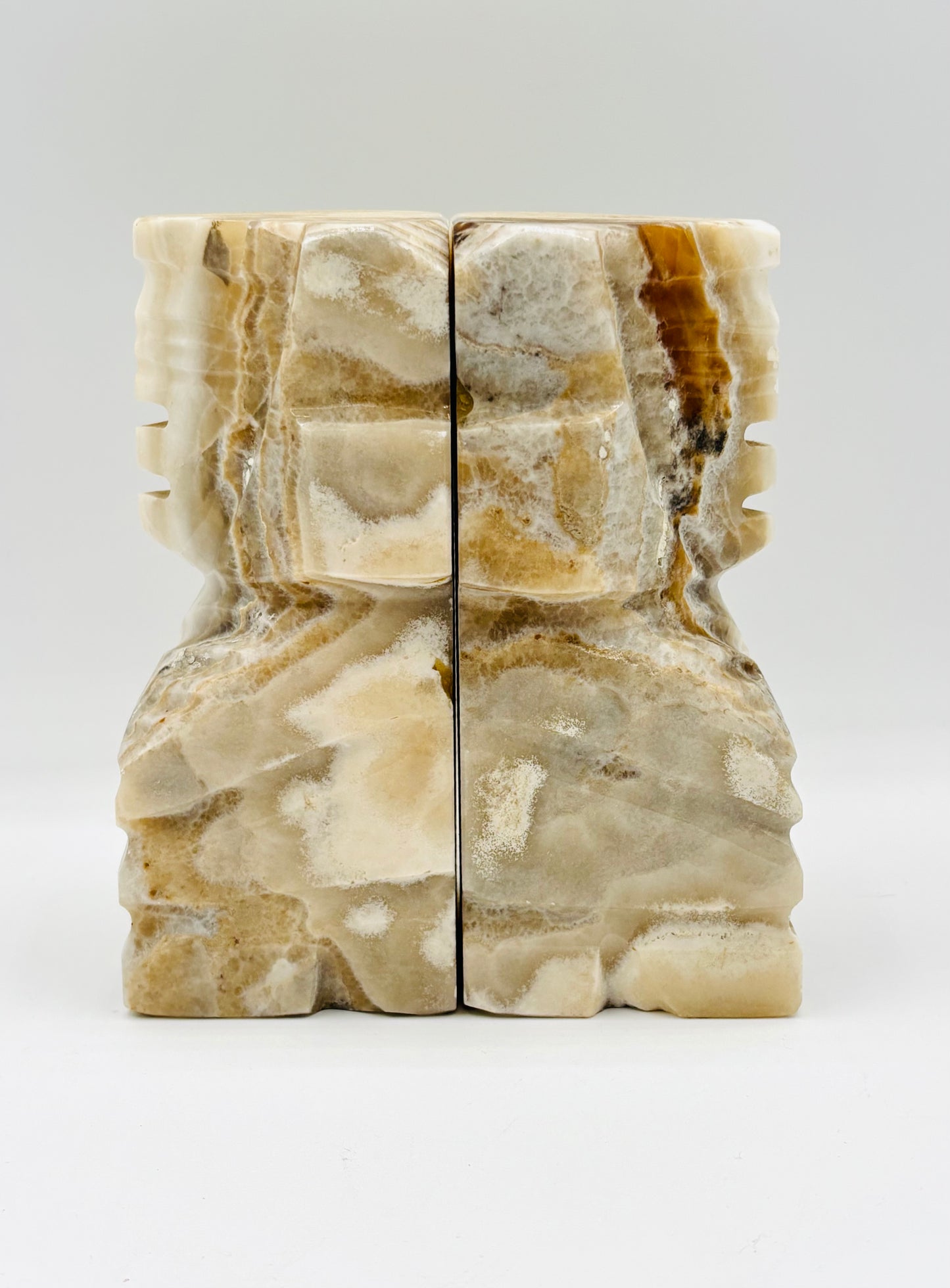 Vintage Aztec Inspired Carved Onyx Marble Bookends 