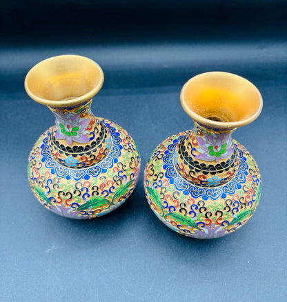 Chinese Gold, Pink, Blue Enamel Floral Cloisonné Vases — Pair 