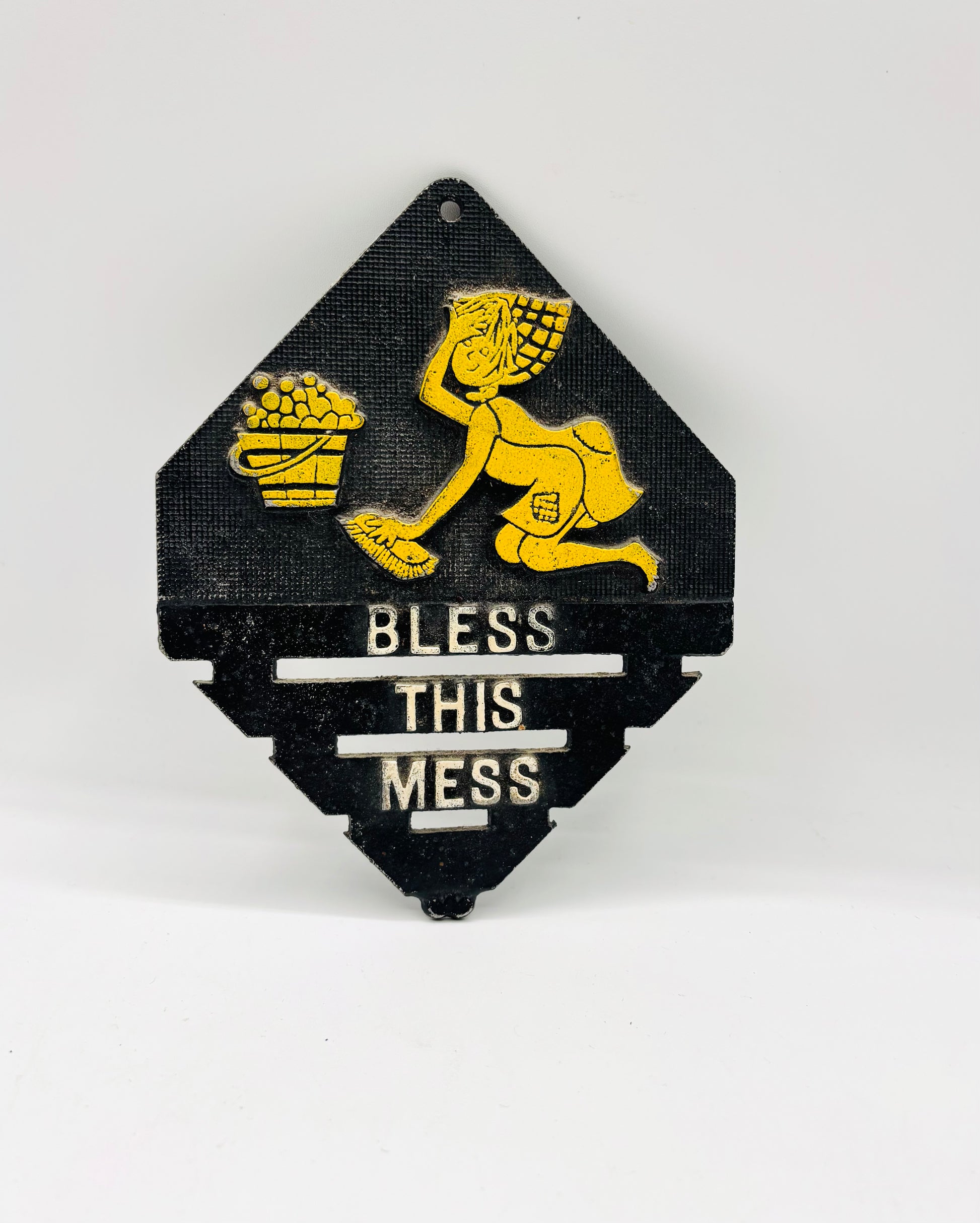 Triangle Cast Aluminum “BLESS THIS MESS” Vintage Trivet 