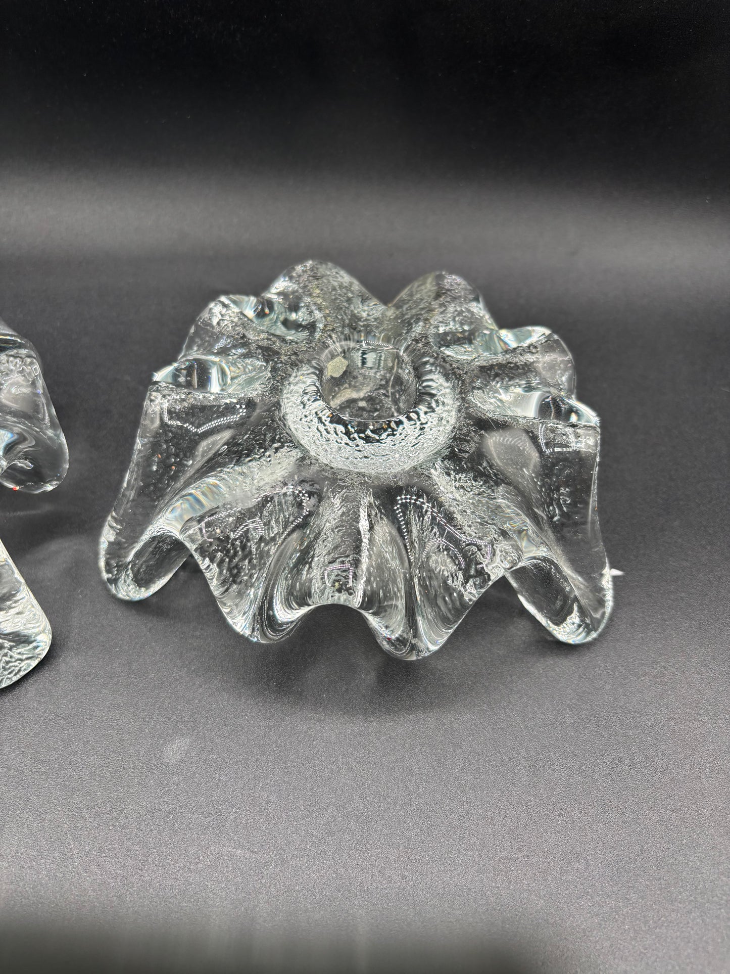 Pair of Mid Century Blenko Icy Tripod Glass Candlesticks 