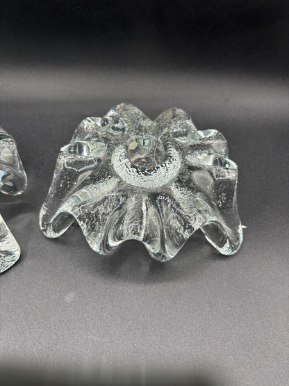 Pair of Mid Century Blenko Icy Tripod Glass Candlesticks 