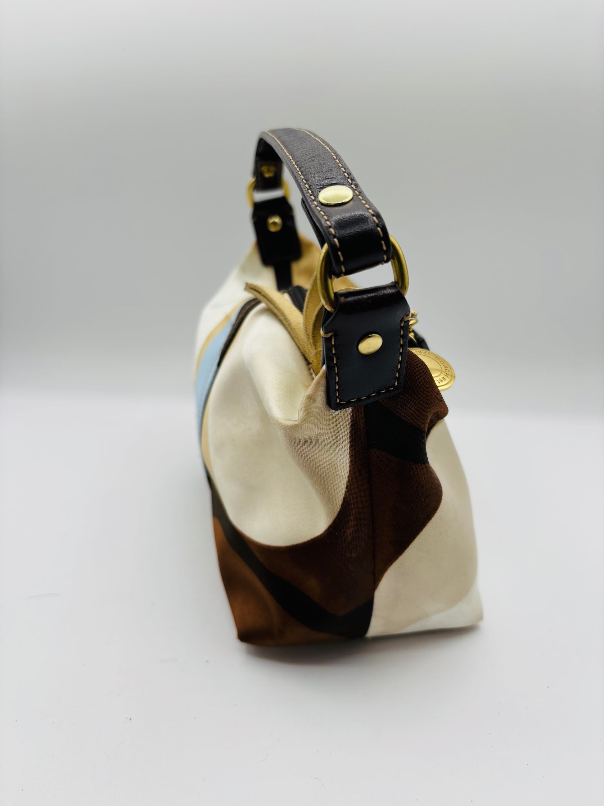 Coach Madison Satin Scarf Print Optic Art Mini Blue Brown & Beige Bag Pouch 