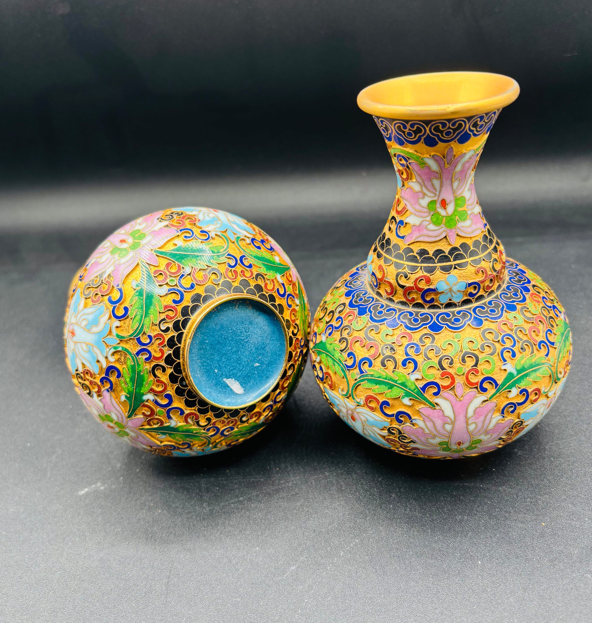 Chinese Gold, Pink, Blue Enamel Floral Cloisonné Vases — Pair 