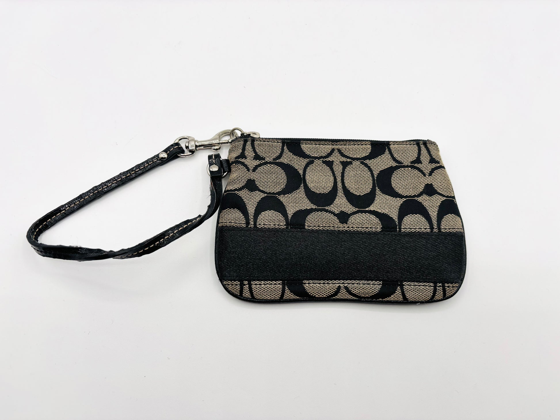 Coach 47790 Signature Stripe Black Jacquard & Leather Trim Wristlet Wallet 
