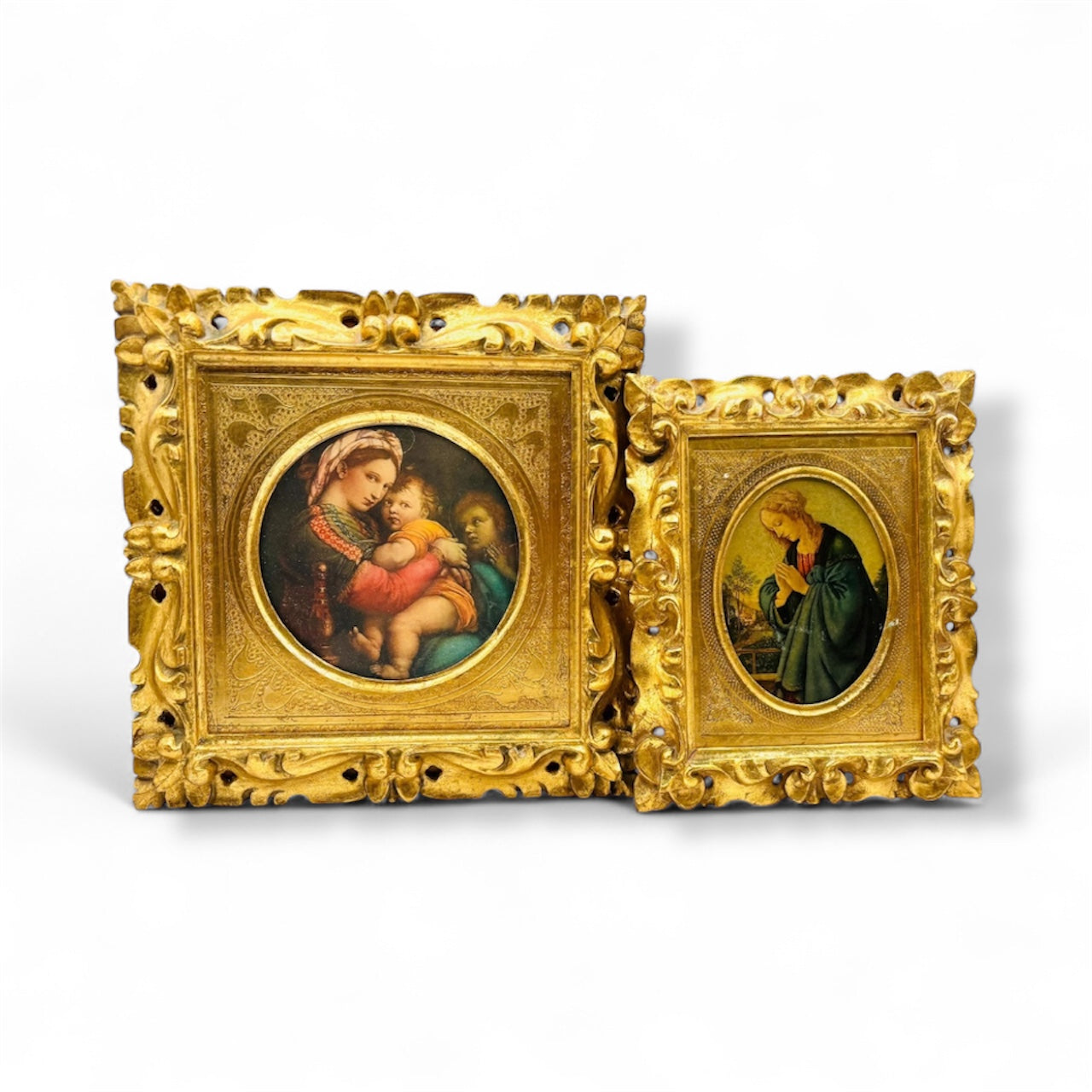 One Pair of Golden Raphael's Madonna Sedia in Florentine and Modanna Italian Frames 