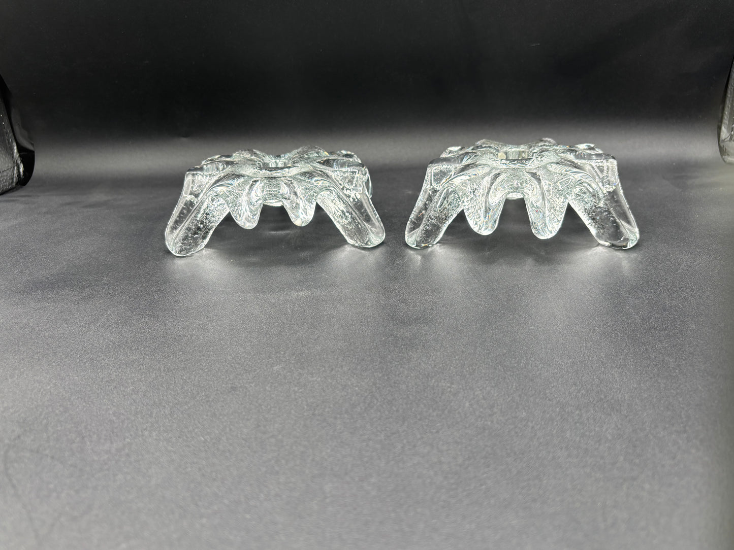 Pair of Mid Century Blenko Icy Tripod Glass Candlesticks 