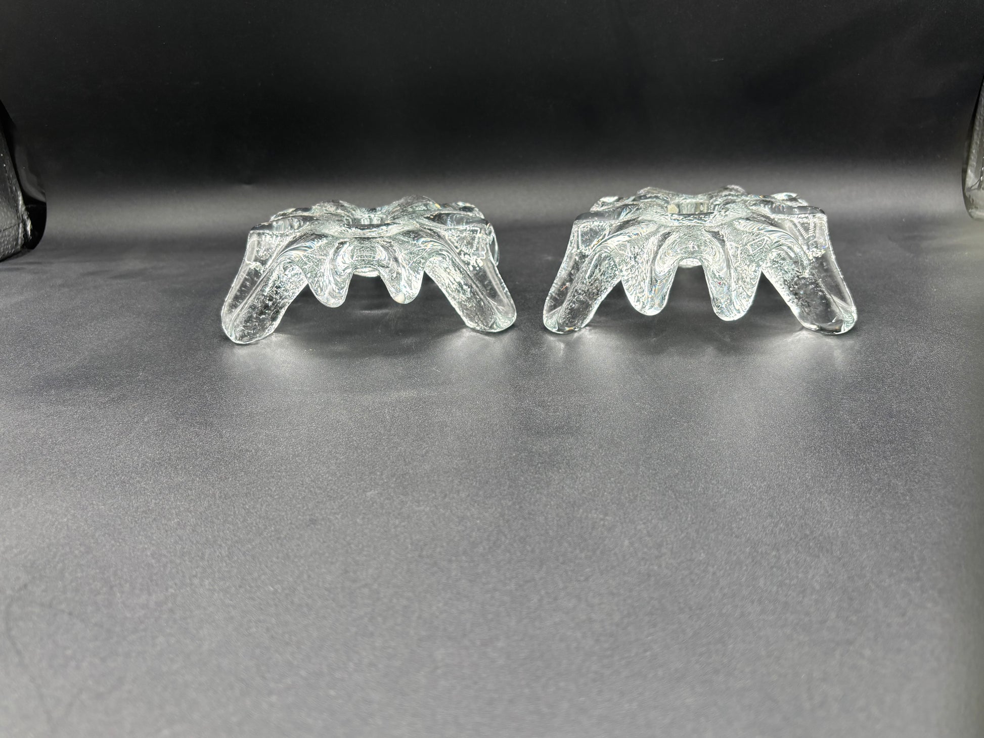 Pair of Mid Century Blenko Icy Tripod Glass Candlesticks 