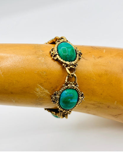 Vintage 1928 Jewelry Co. Faux Turquoise Green Acrylic Cabochons Victorian Revival Style Gold Tone Metal Bracelet 