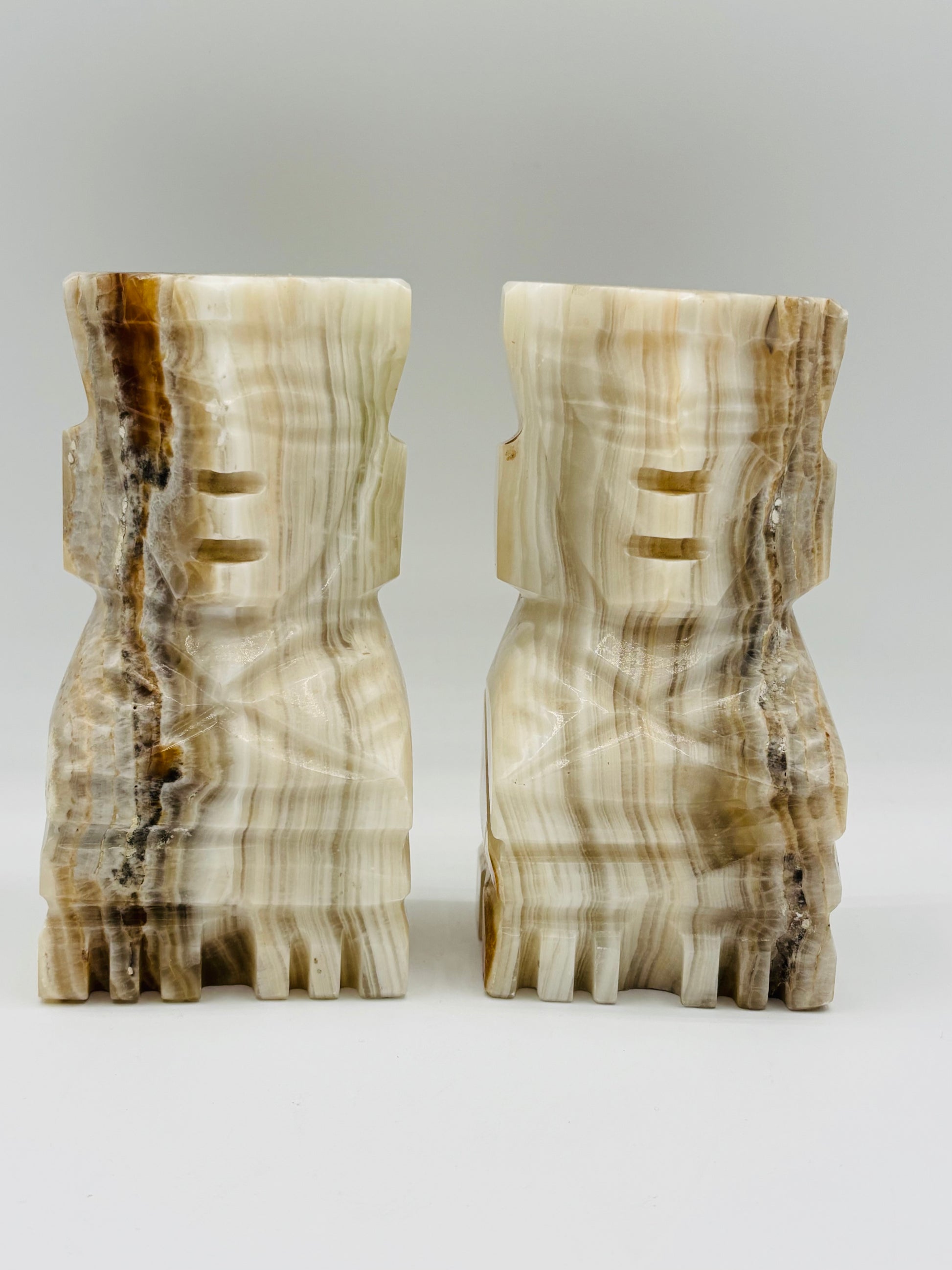 Vintage Aztec Inspired Carved Onyx Marble Bookends 