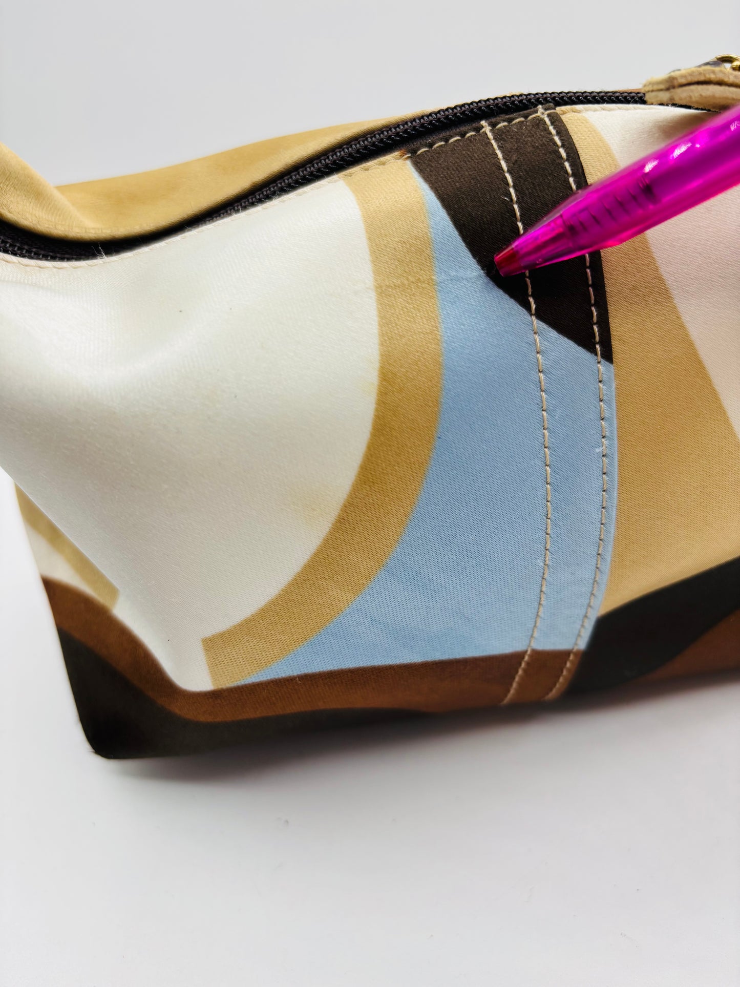 Coach Madison Satin Scarf Print Optic Art Mini Blue Brown & Beige Bag Pouch 