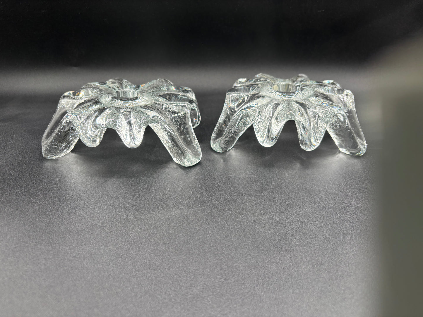 Pair of Mid Century Blenko Icy Tripod Glass Candlesticks 