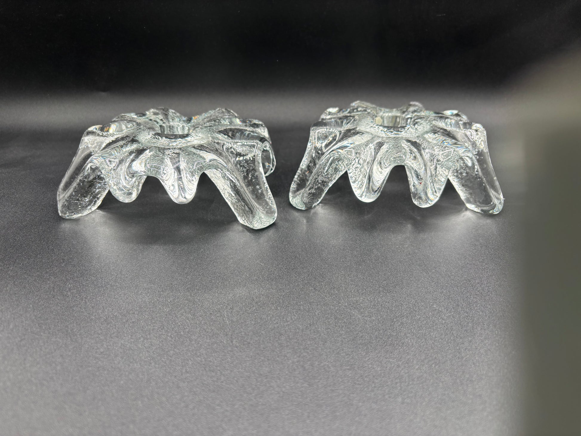 Pair of Mid Century Blenko Icy Tripod Glass Candlesticks 