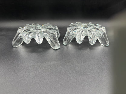 Pair of Mid Century Blenko Icy Tripod Glass Candlesticks 