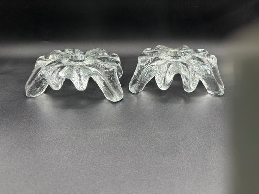 Pair of Mid Century Blenko Icy Tripod Glass Candlesticks 