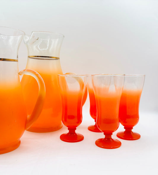 6 Piece Vintage Blendo Ombré Frosted Orange Drinking Glass Set (circa 1960s) 