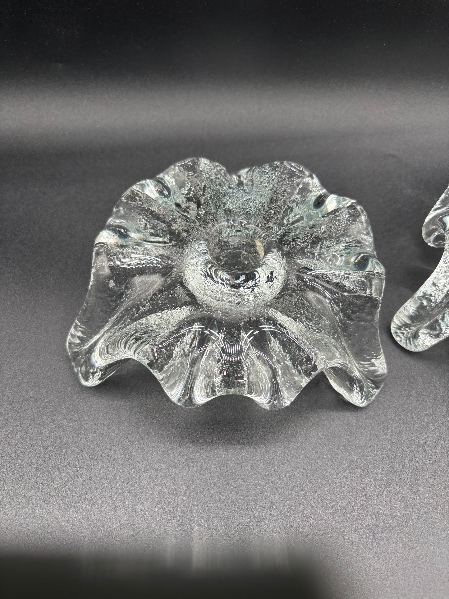 Pair of Mid Century Blenko Icy Tripod Glass Candlesticks 