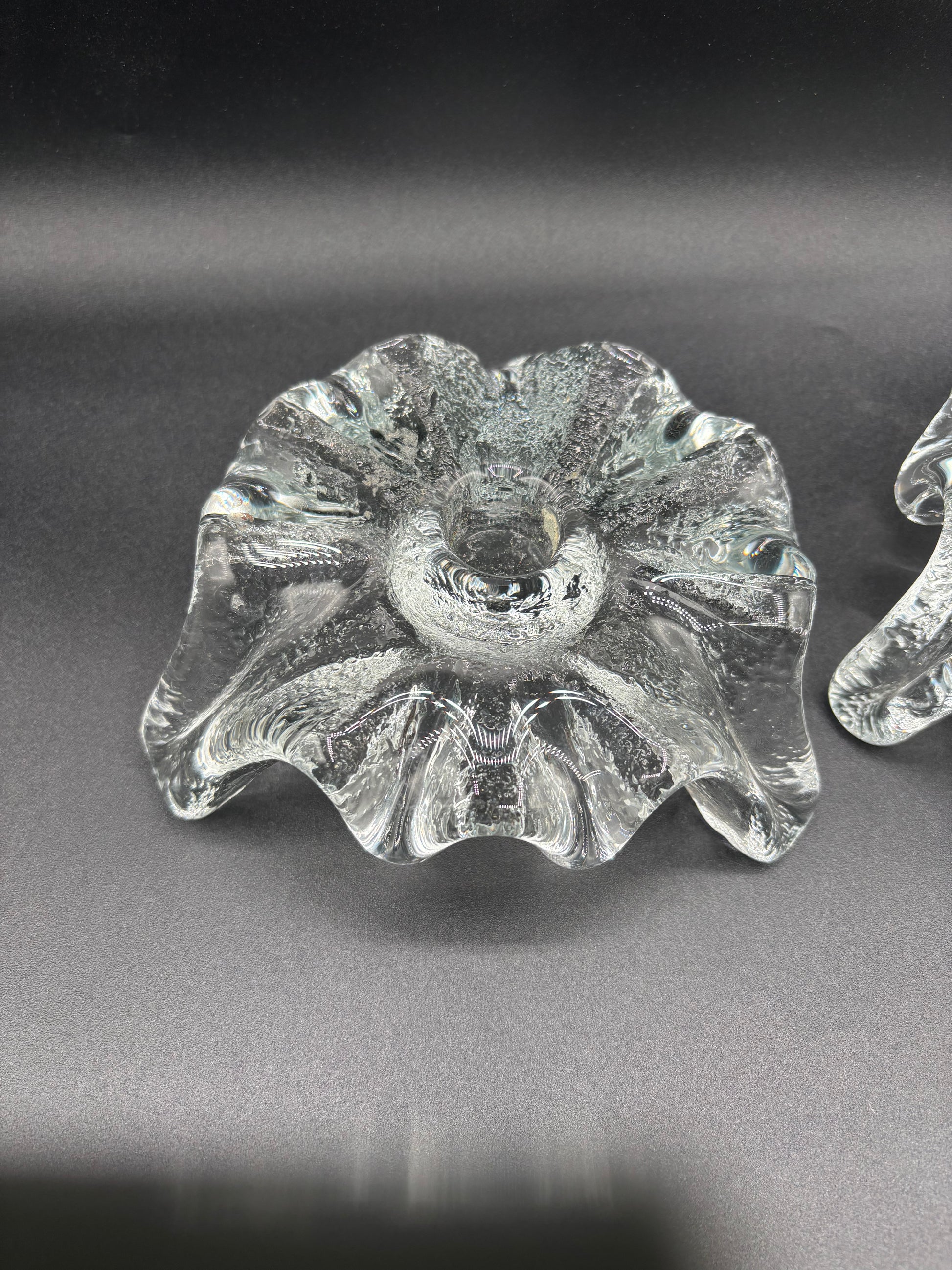 Pair of Mid Century Blenko Icy Tripod Glass Candlesticks 