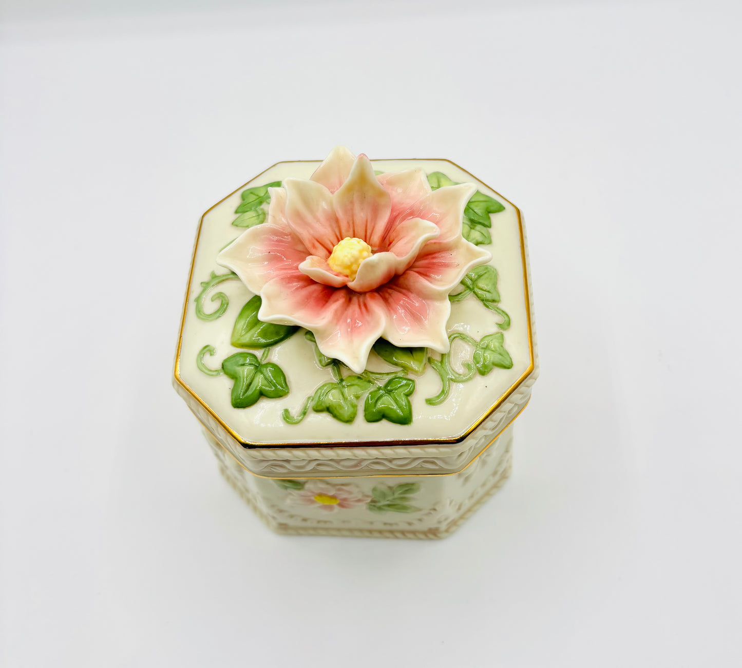 Vintage Porcelain 3D Floral Musical Jewelry Box by San Francisco Music Box Company 