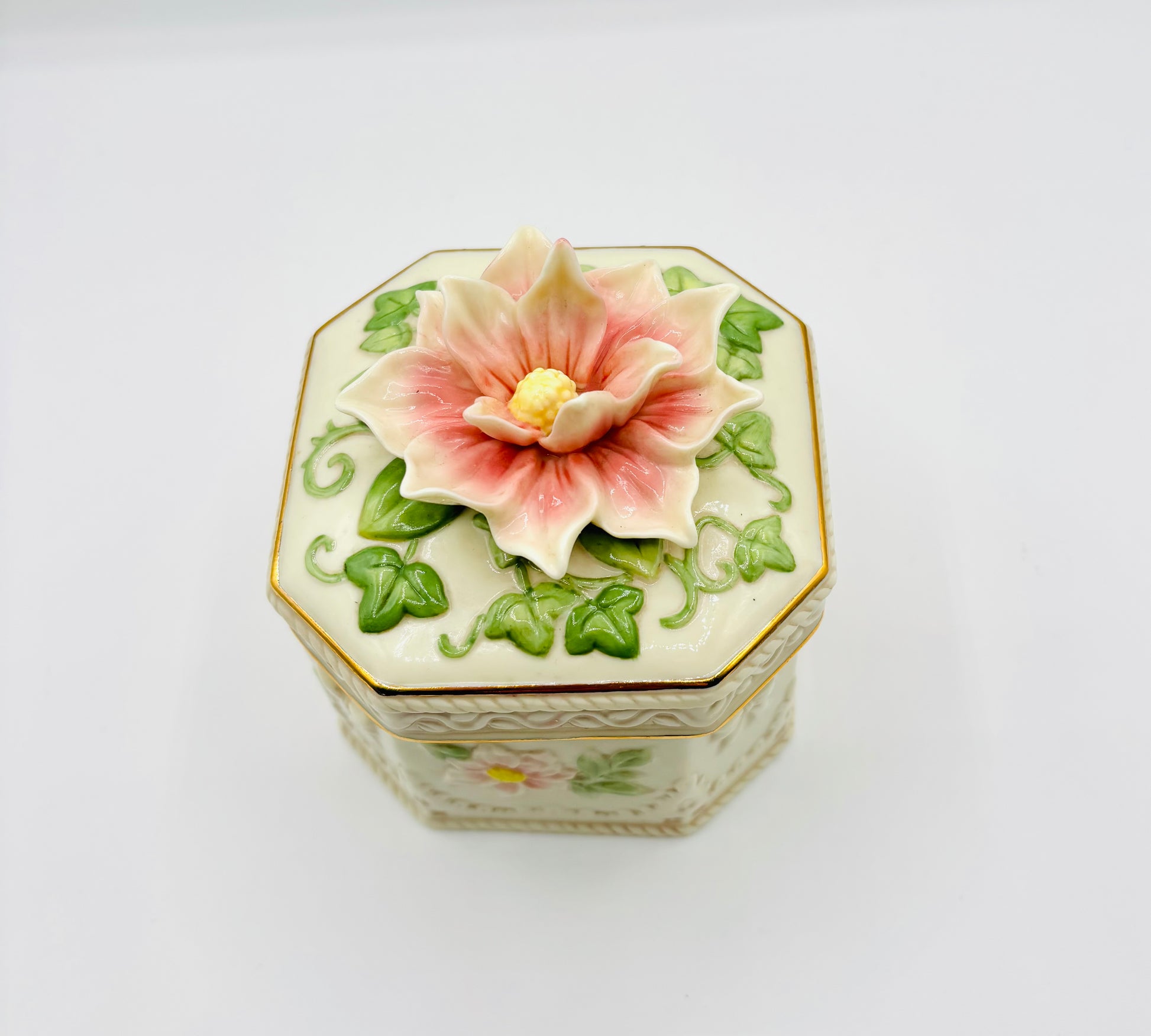 Vintage Porcelain 3D Floral Musical Jewelry Box by San Francisco Music Box Company 