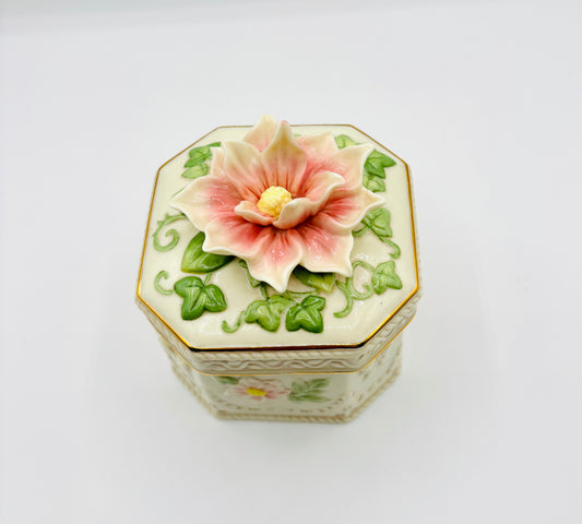 Vintage Porcelain 3D Floral Musical Jewelry Box by San Francisco Music Box Company 