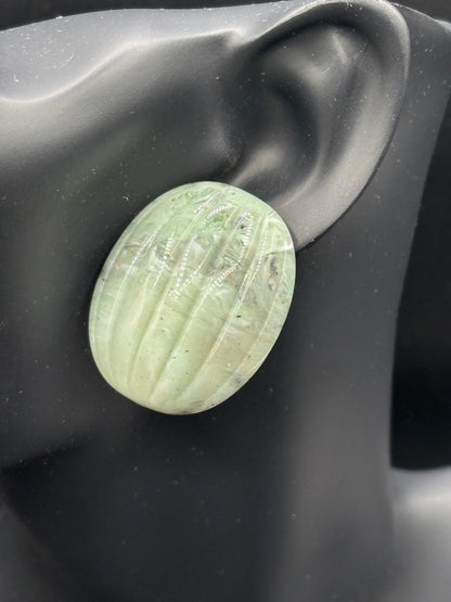 Vintage Molded Plastic Resin Green Melon Jade-Like Bead Earrings