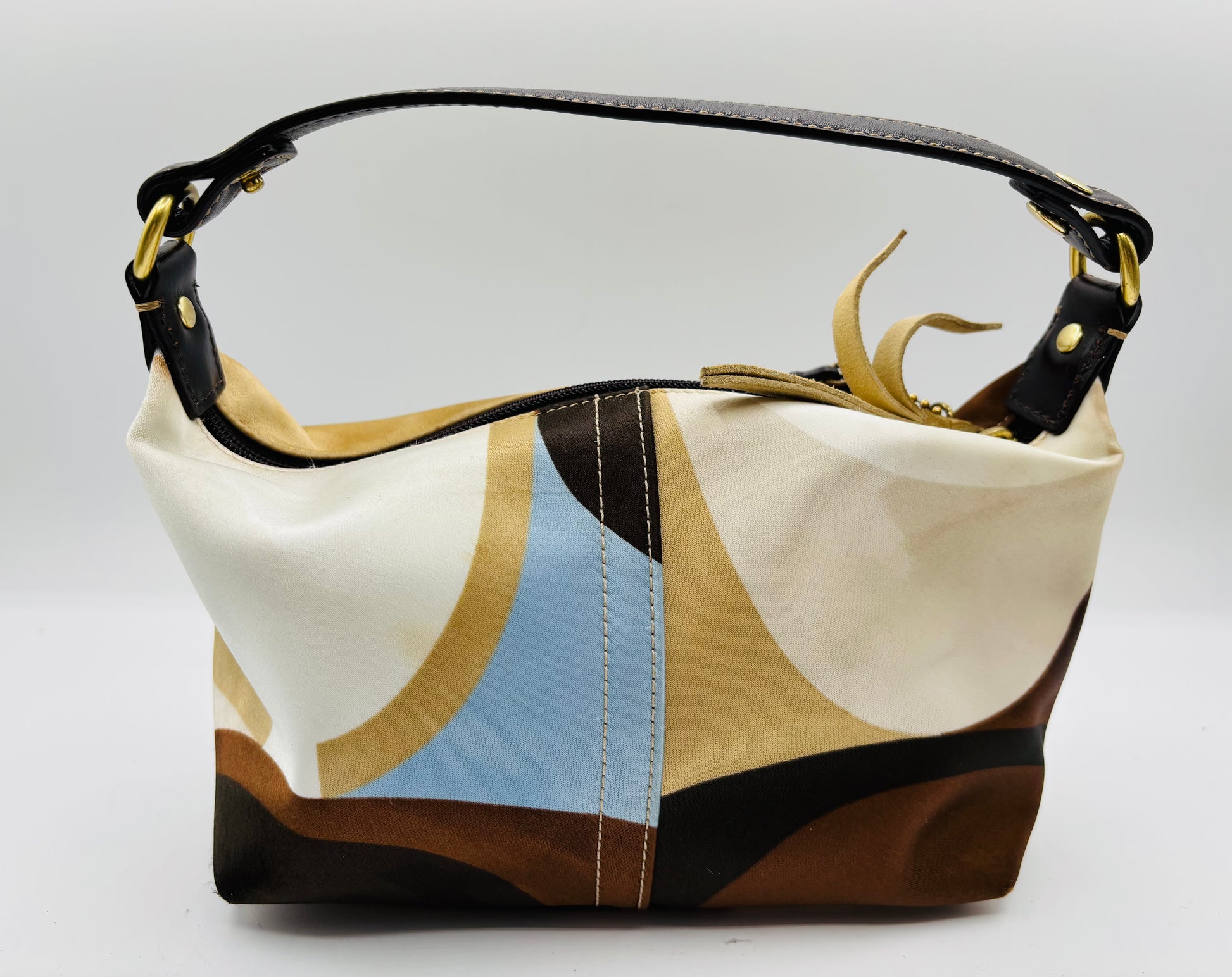 Coach Madison Satin Scarf Print Optic Art Mini Blue Brown & Beige Bag Pouch 