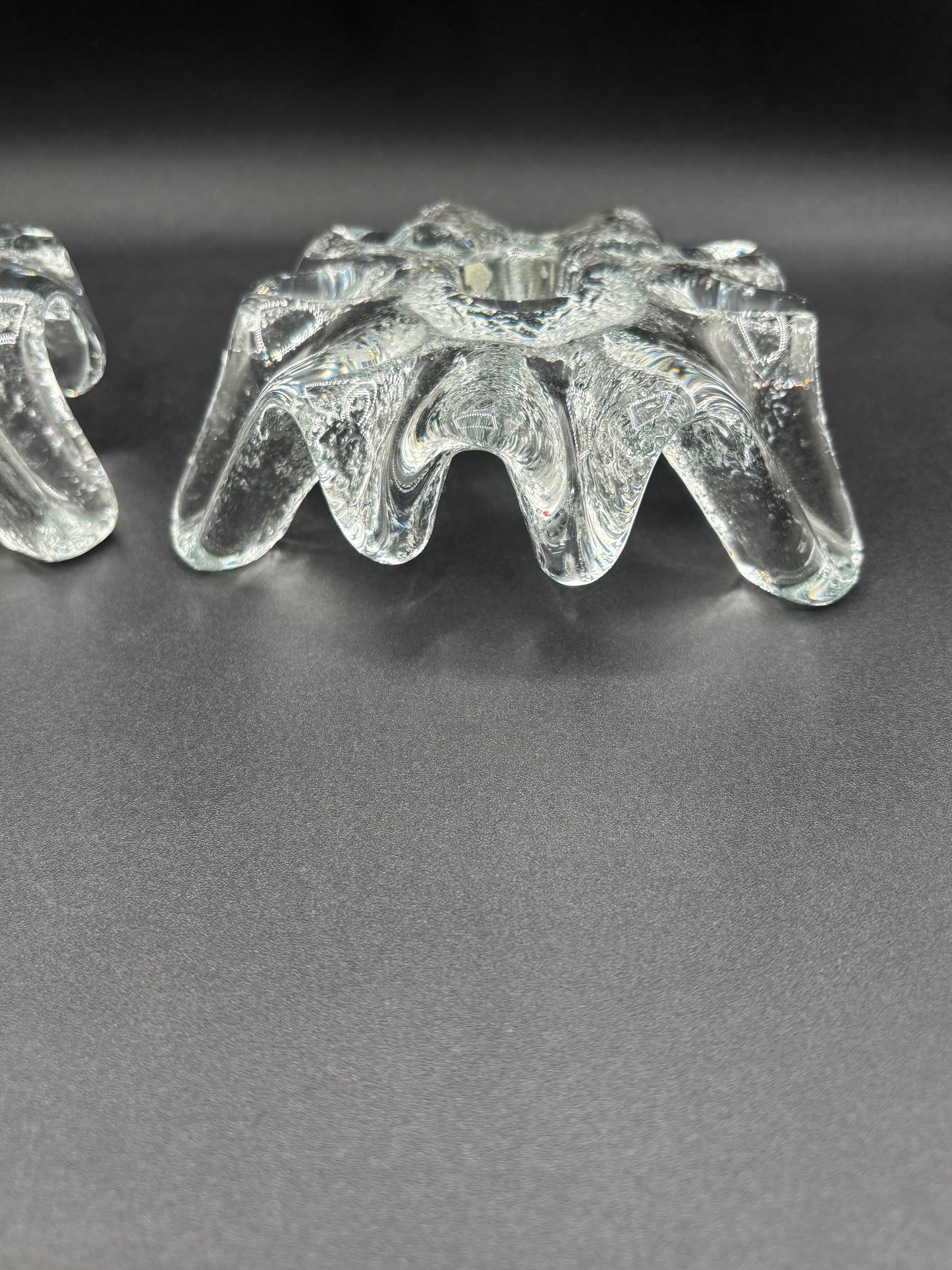 Pair of Mid Century Blenko Icy Tripod Glass Candlesticks 