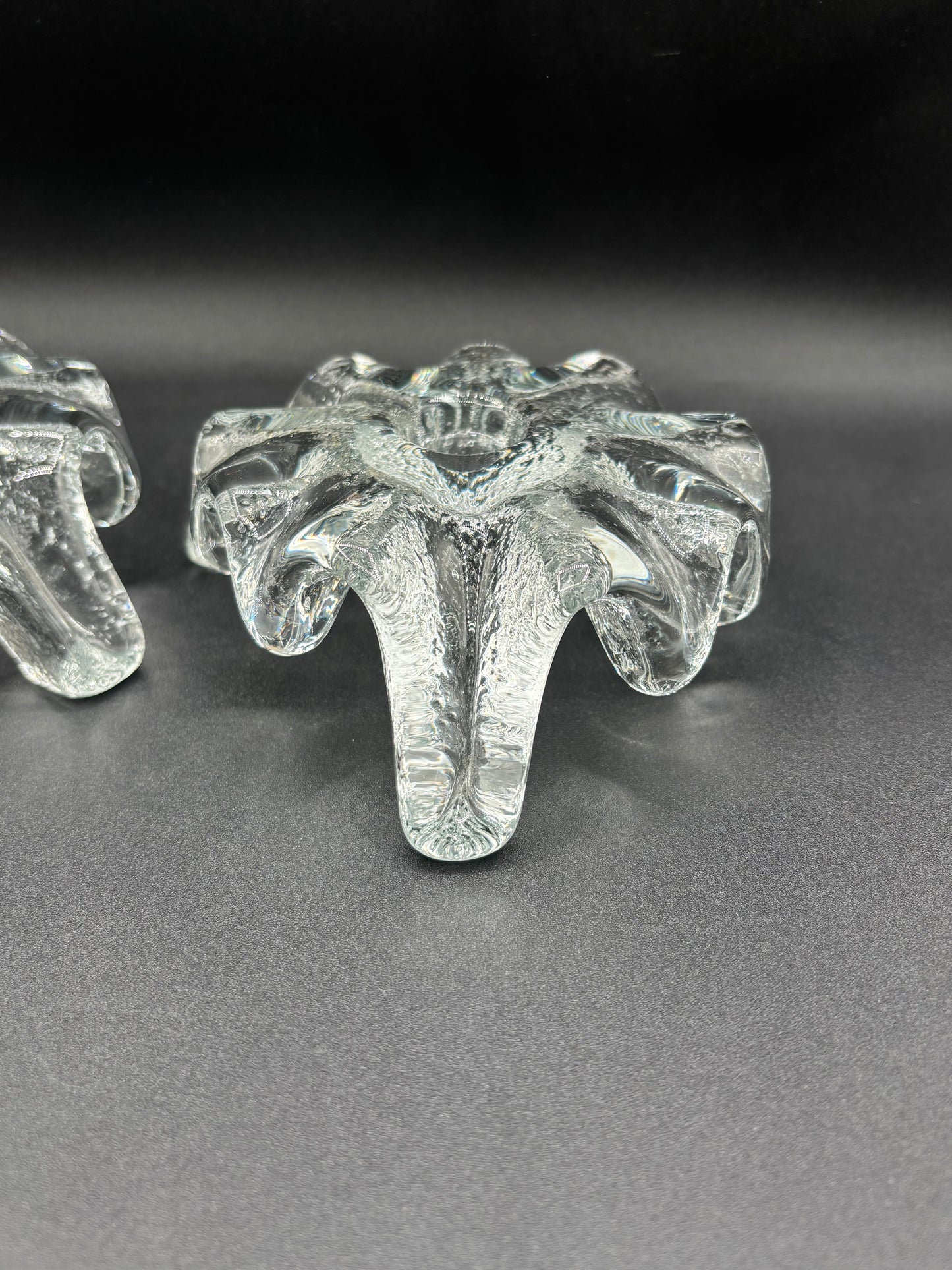 Pair of Mid Century Blenko Icy Tripod Glass Candlesticks 