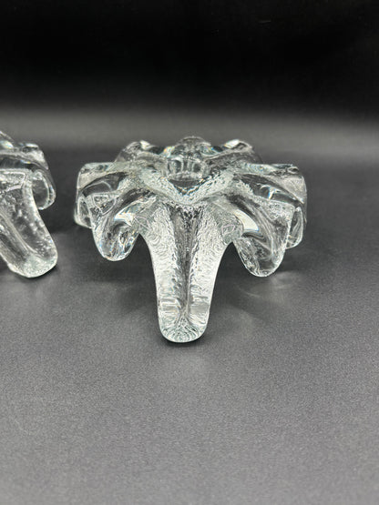 Pair of Mid Century Blenko Icy Tripod Glass Candlesticks 