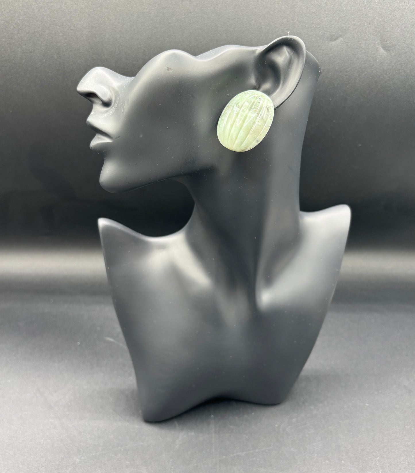 Vintage Molded Plastic Resin Green Melon Jade-Like Bead Earrings