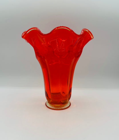 Vintage 1966 Mid Century Modern Viking Swung Art Glass Persimmon Orange Ruffled Rim Vase