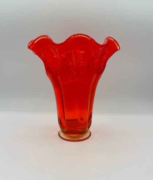 Vintage 1966 Mid Century Modern Viking Swung Art Glass Persimmon Orange Ruffled Rim Vase