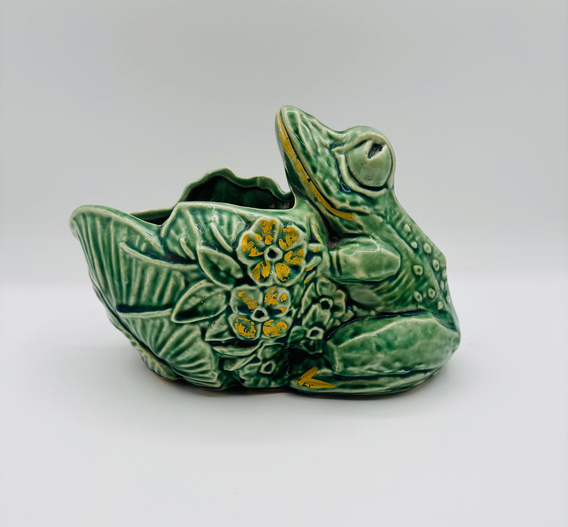 Rare Vintage McCoy Smiling Frog Lotus Green Pottery Planter (circa 1950s) 
