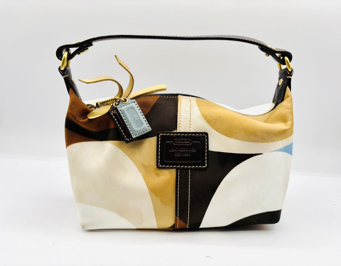 Coach Madison Satin Scarf Print Optic Art Mini Blue Brown & Beige Bag Pouch 