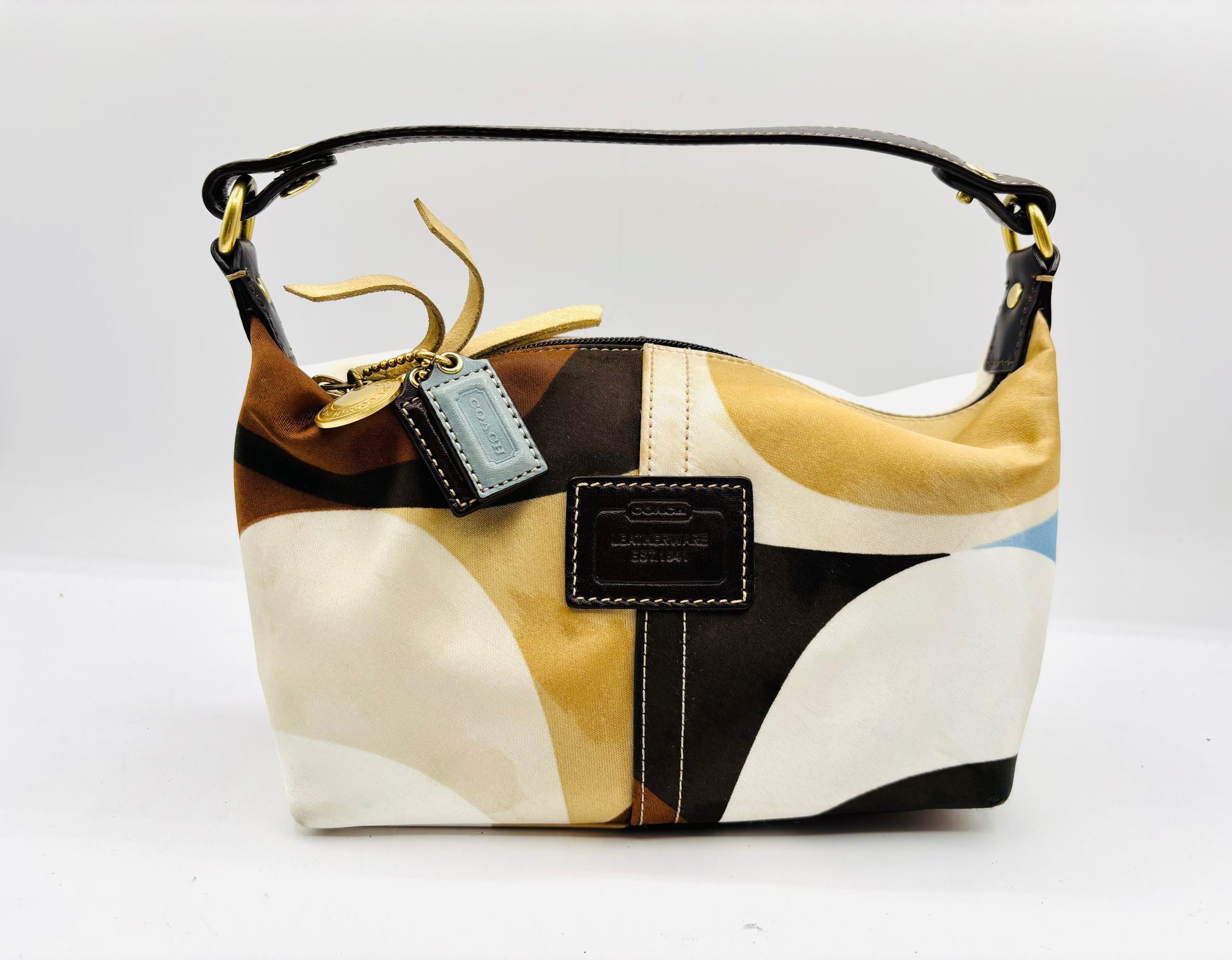 Coach Madison Satin Scarf Print Optic Art Mini Blue Brown & Beige Bag Pouch 