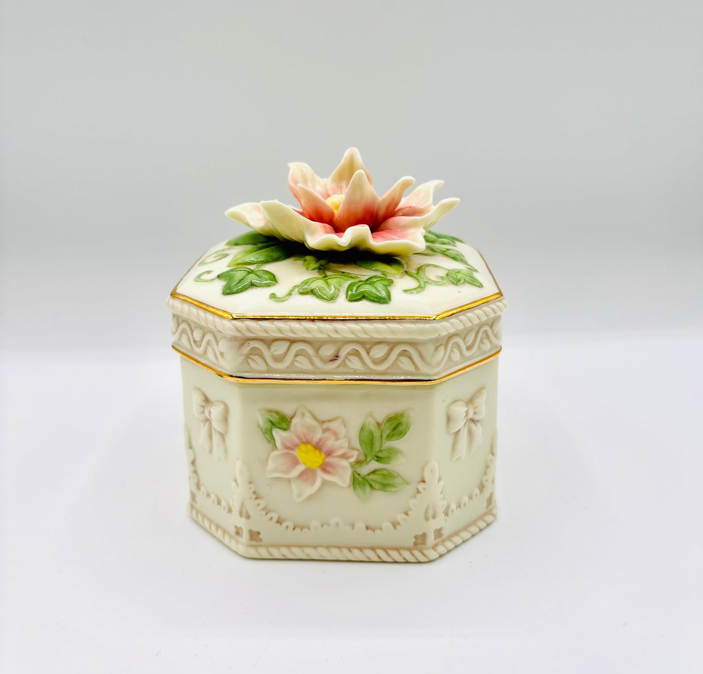 Vintage Porcelain 3D Floral Musical Jewelry Box by San Francisco Music Box Company 