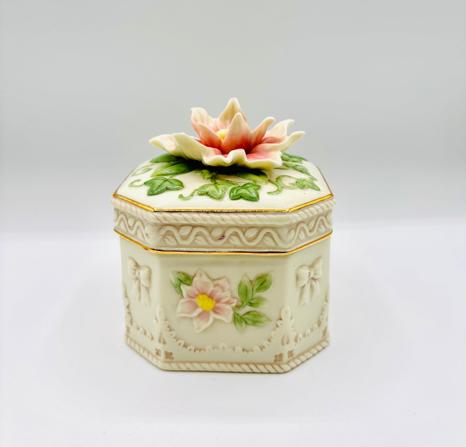 Vintage Porcelain 3D Floral Musical Jewelry Box by San Francisco Music Box Company 