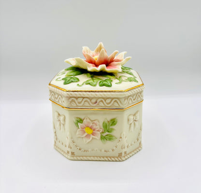 Vintage Porcelain 3D Floral Musical Jewelry Box by San Francisco Music Box Company 