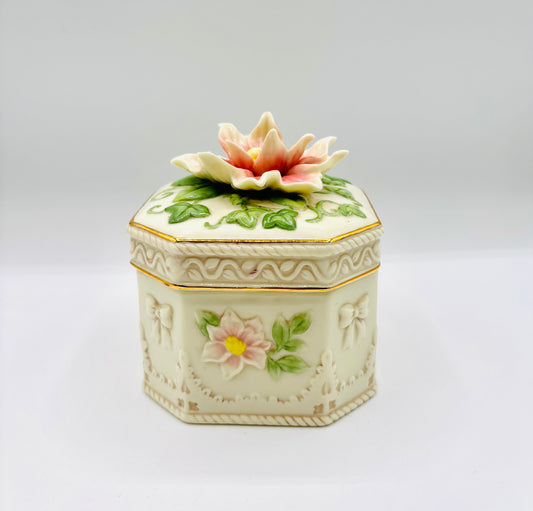 Vintage Porcelain 3D Floral Musical Jewelry Box by San Francisco Music Box Company 
