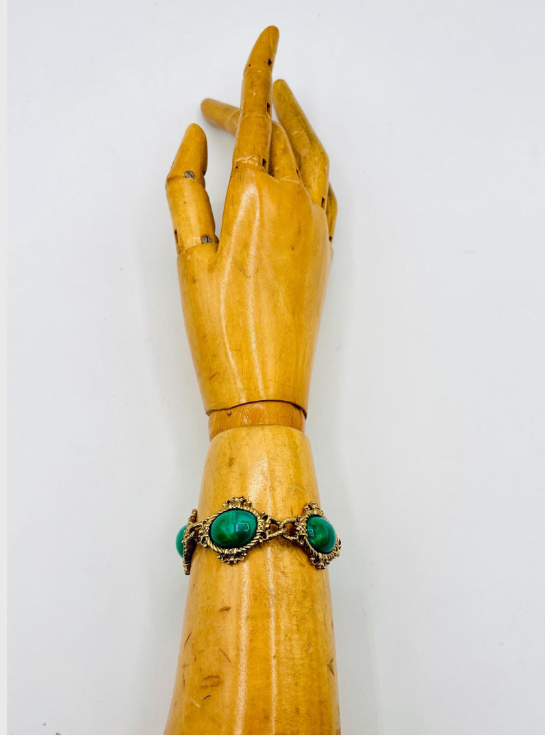 Vintage 1928 Jewelry Co. Faux Turquoise Green Acrylic Cabochons Victorian Revival Style Gold Tone Metal Bracelet 