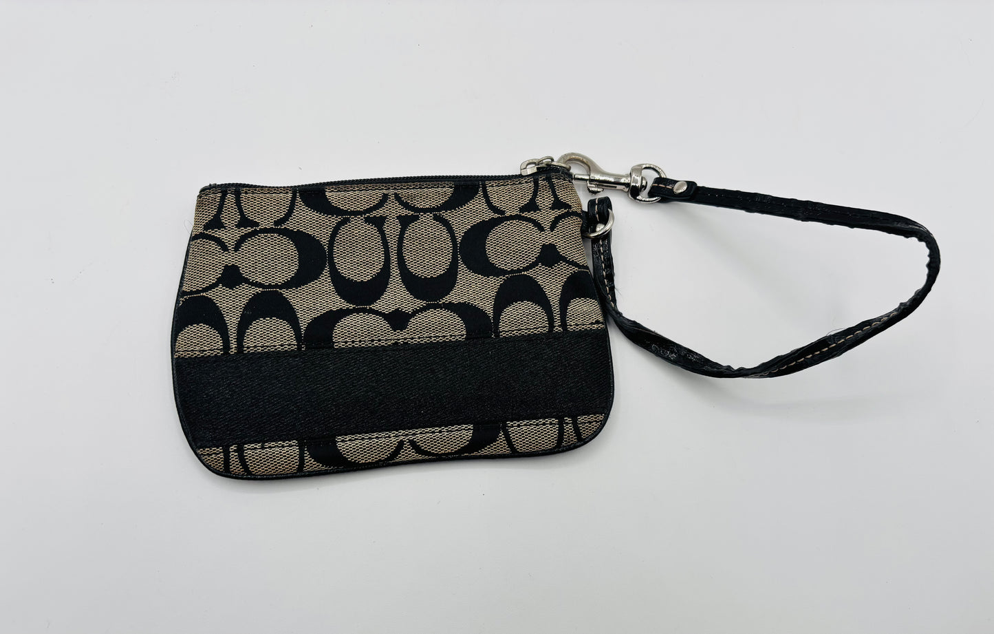 Coach 47790 Signature Stripe Black Jacquard & Leather Trim Wristlet Wallet 