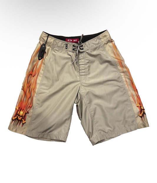 Vintage Oakley Software Board Shorts Swim Trunks Flame Skull Size 32 
