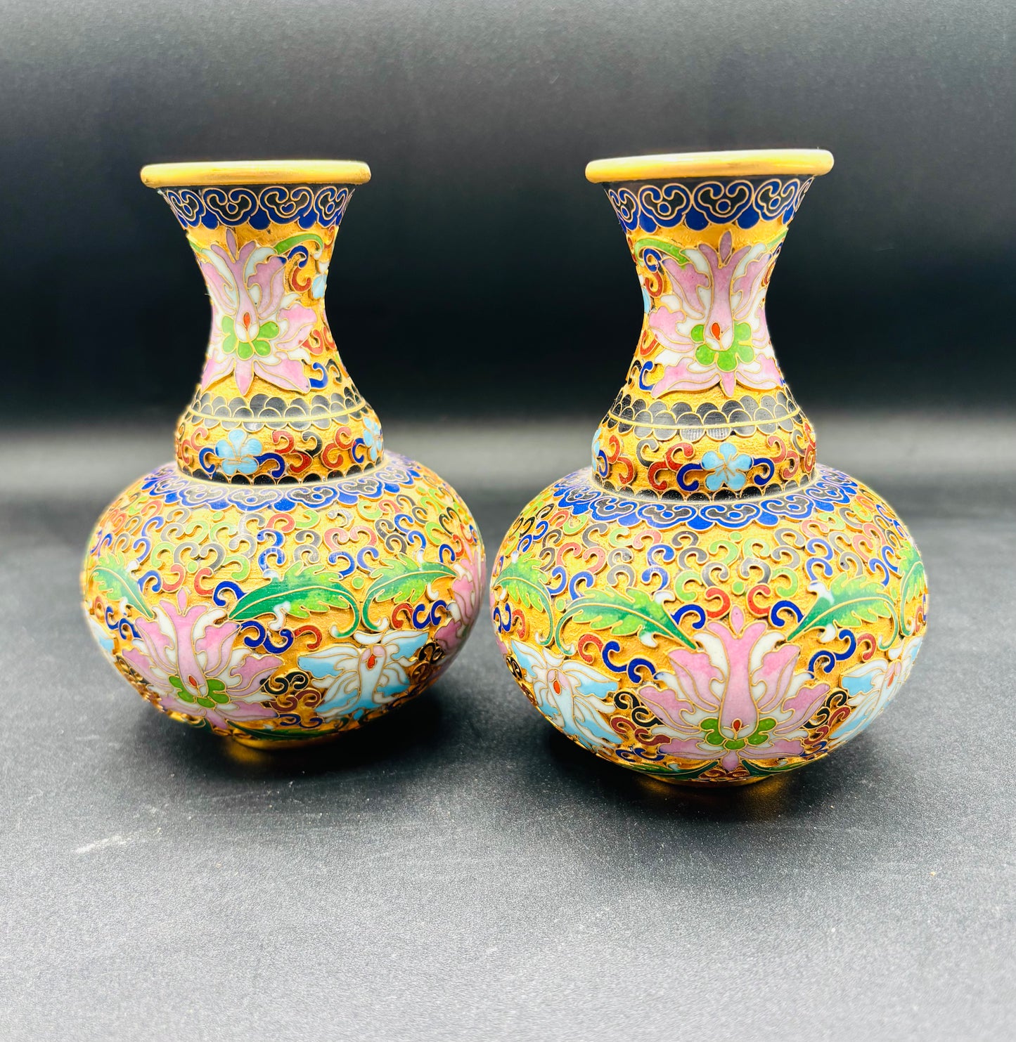 Chinese Gold, Pink, Blue Enamel Floral Cloisonné Vases — Pair 